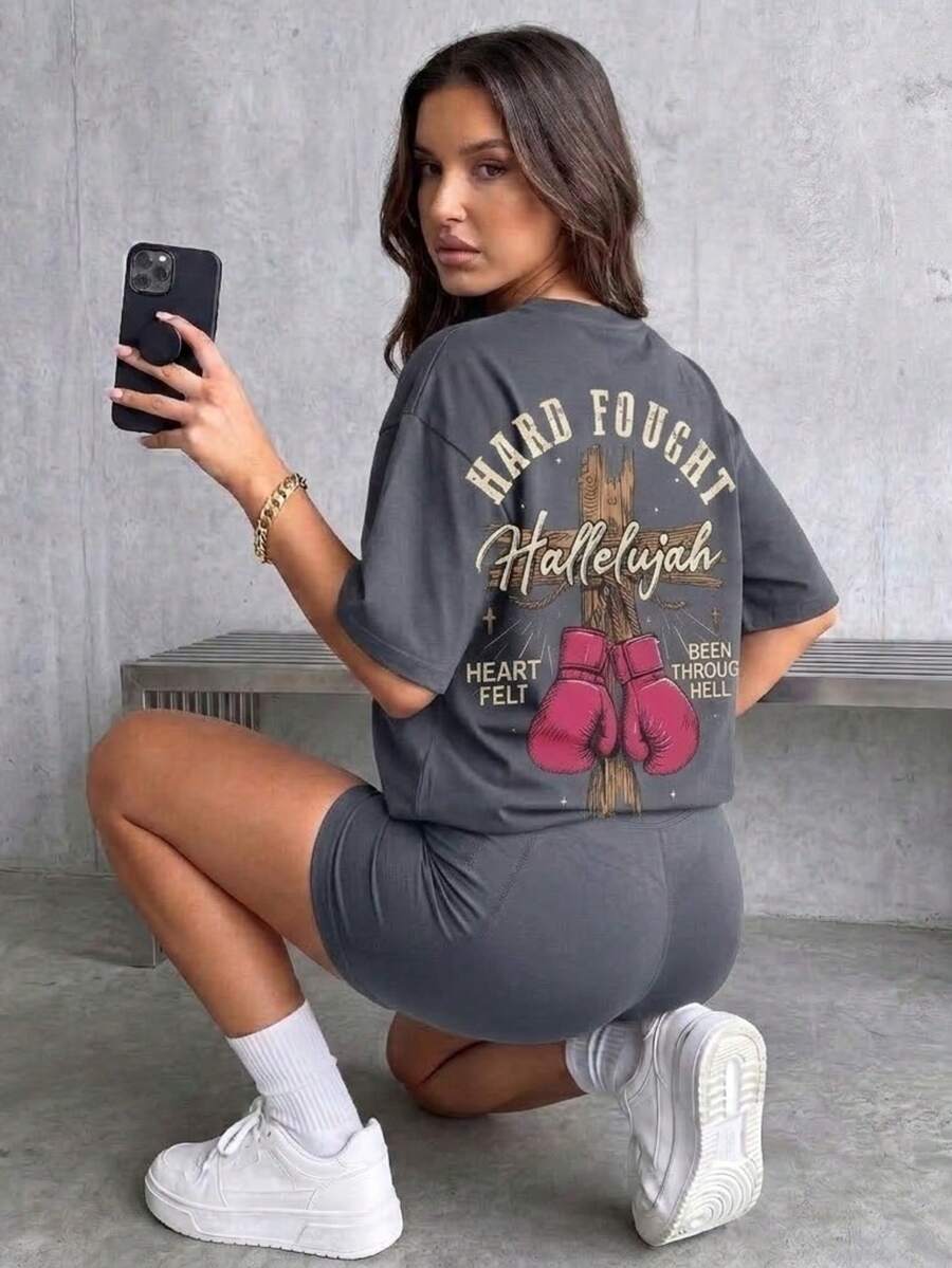 Camiseta cristiana estándar con patrón de Aleluya y cruz de boxeo - Gris Oscuro - Ver 1