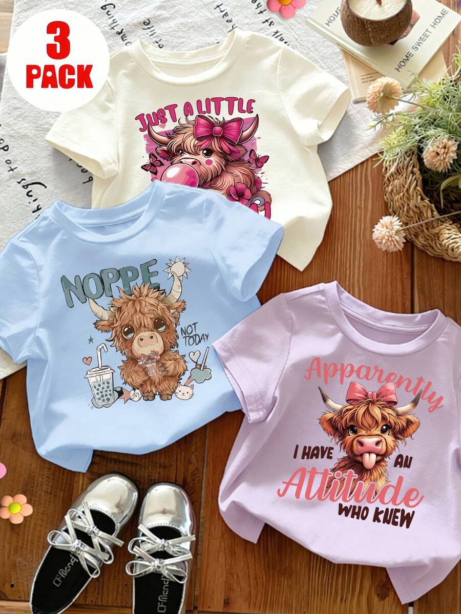 Bộ 3 áo thun ngắn tay in hình bò và hoa cho bé gái, thích hợp làm quần áo mùa hè cho trẻ em gái, trang phục học sinh. - Nhiều màu - Xem 1