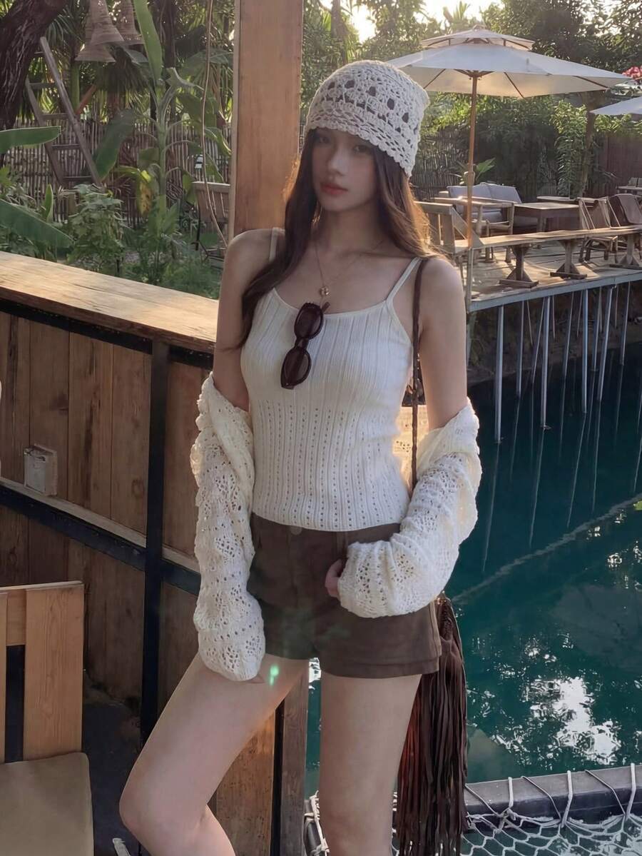 复古柔软V领针织开衫，镂空纹理设计，度假照片氛围上衣，春季款 - 乳白色 - 查看 1