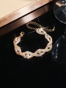 3pcs Set Elegant Necklace, Earrings, Bracelet, Floral Design With Rhinestones, Suitable For Women's Daily Wear, Weddings, Parties And Other Occasions - Gold - View 5