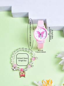 Bộ 2 chiếc đồng hồ trẻ em dây đeo silicon mềm mại dễ thương, đồng hồ đeo tay thạch anh hình bướm hoạt hình dành cho học sinh tiểu học, vòng tay đính hạt có mặt dây chuyền hình bướm. - Hồng - Xem 4