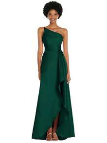 Modern One-Shoulder Dark Green Satin Maxi Dress With Ruffle Hem For Women, Formal Asymmetrical Bridesmaid Gown, Ideal For Wedding Guest, Prom, Cocktail Party, Spring & Summer Ceremonies, Luxurious Satin Fabric, One-Shoulder Neckline, Flowy Ruffle Hem, High Slit For Movement, Chic Contemporary Bridal Party Style, Comfortable Fit For Dancing - Verde - Ver 1