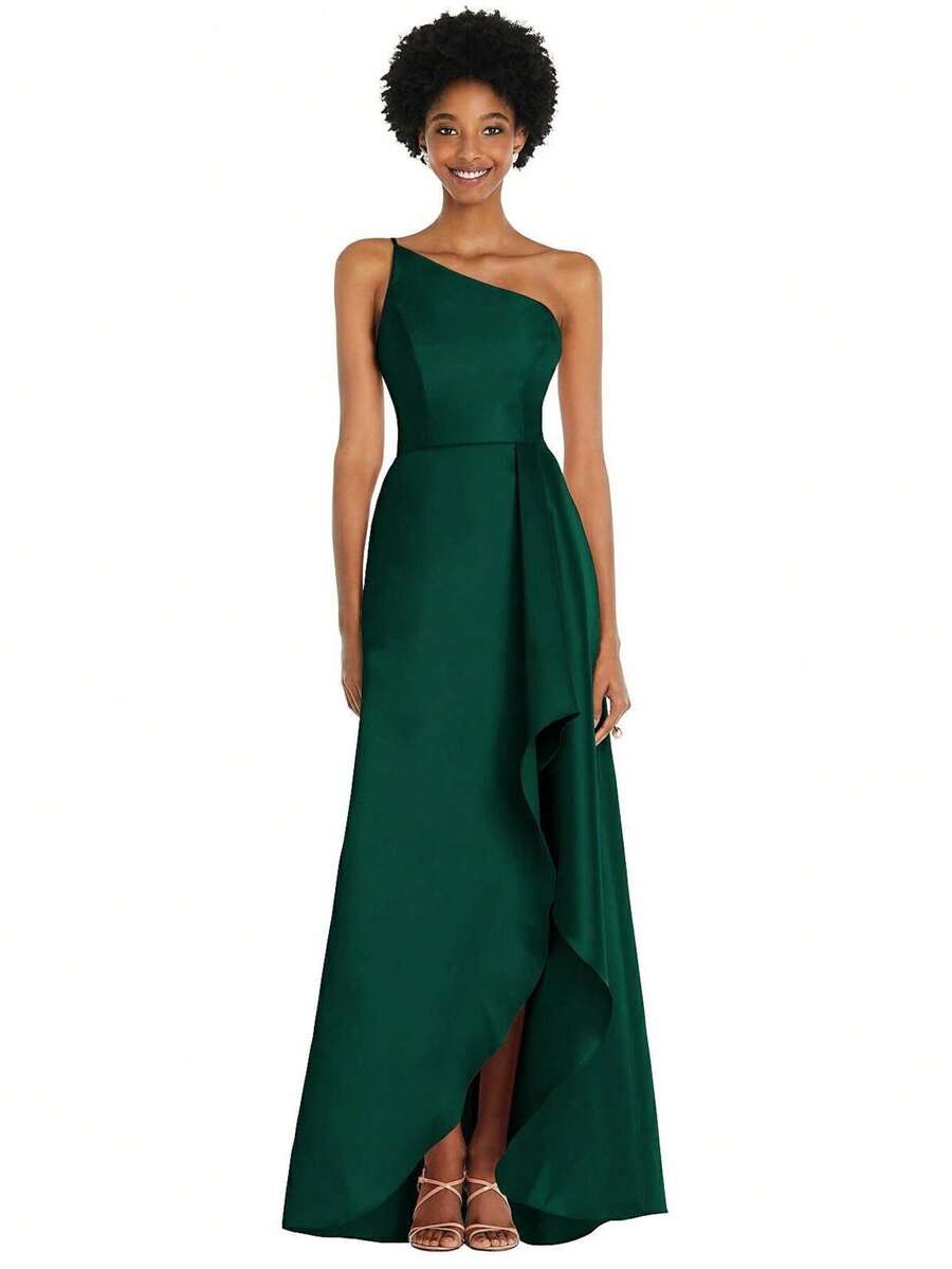 Modern One-Shoulder Dark Green Satin Maxi Dress With Ruffle Hem For Women, Formal Asymmetrical Bridesmaid Gown, Ideal For Wedding Guest, Prom, Cocktail Party, Spring & Summer Ceremonies, Luxurious Satin Fabric, One-Shoulder Neckline, Flowy Ruffle Hem, High Slit For Movement, Chic Contemporary Bridal Party Style, Comfortable Fit For Dancing - Verde - Ver 1