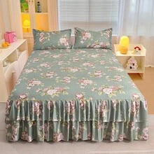 Juego de 3 piezas de falda de cama con volantes dobles de estilo minimalista y moderno con estampado floral, ropa de cama para dormitorio (1 falda de cama, 2 fundas de almohada, sin núcleo interior) - verde menta - Ver 2