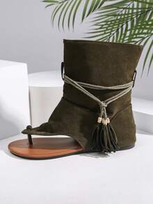 一双女士踝靴，波西米亚风流苏系带设计，人字拖式踝部绑带，轻便舒适，适合夏季度假穿着。 - 綠色 - 查看 8