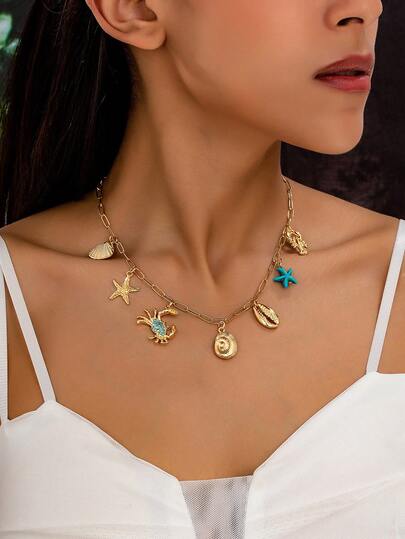 1件装度假风海洋系列沙滩水钻海星、贝壳、螃蟹吊坠项链（女士款）