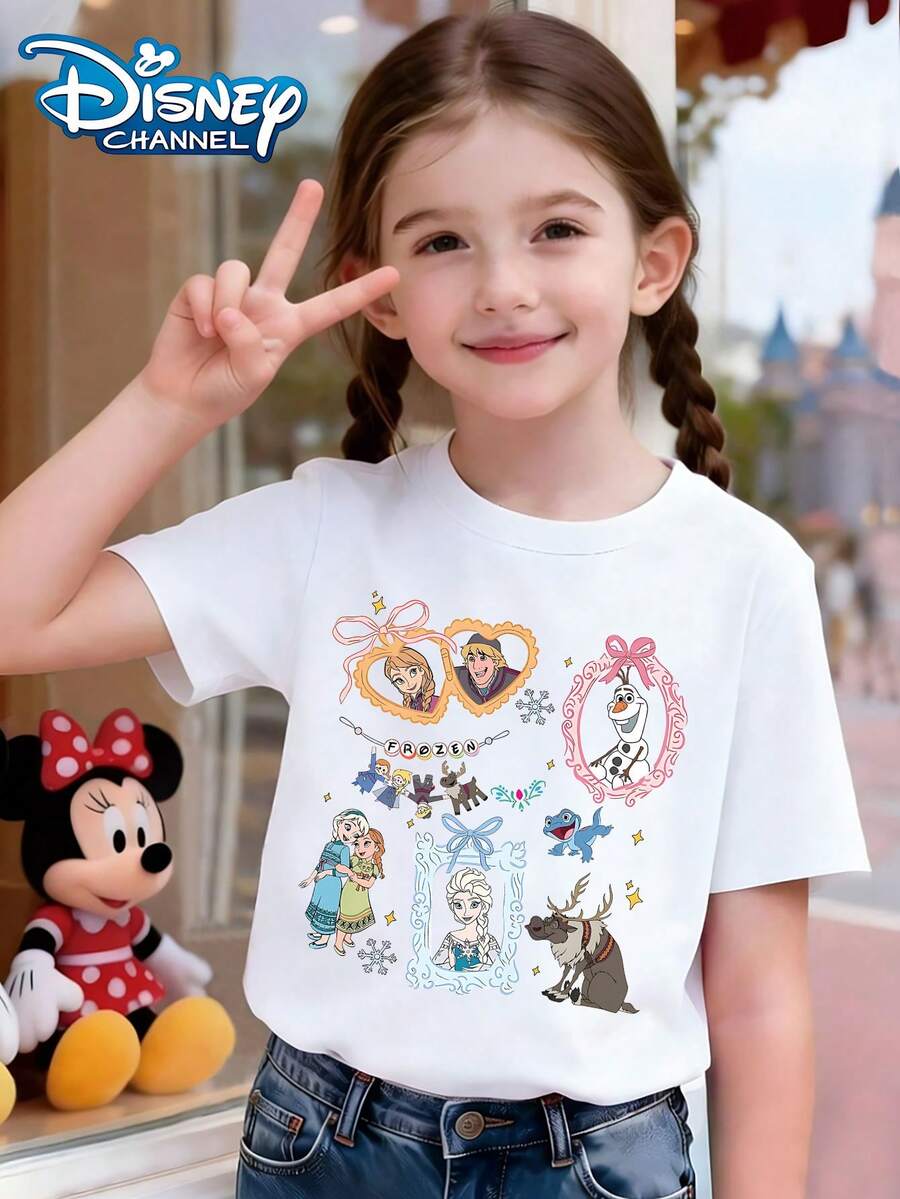 Disney Frozen Is Soft, Cute And Adorable, With Ice And Snow Themed Outfits Print Pattern Summer Tops,Short-Sleeved Casual And Cute Style  Children's Clothing Design, Girl Clothes For Kids ,Ropa Para Niños,Girl Clothes For Kids,Graphic Tee, Summer Clothes,Perfect For Cool Girls. Comfortable And Breathable Children's Short-Sleeved T-Shirt. Comfortable And Casual Wear All Year Round 180g Pure Cotton Children's Clothes,Comfortable & Lightweight, Iconic Print For Mix-And-Match Outfits,Suitable For Both Boys And Girls. - White - View 1