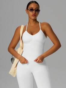 Yefecy New Impact Sports Yoga Tank Top, Women Fitness Yoga Shirt, Sports Wear, Backless Pleated Built-In Bra Cup Top White Spring - 白色 - 查看 5