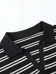 男士奢华复古条纹短袖Polo衫 - 黑色 - 查看 3