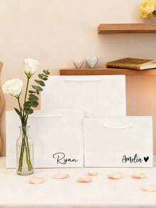 Customized Name Personalized White Paper Gift Bag, Customizable Text Gift Tote Bag, Suitable For Weddings, Birthday Parties, Gift-Ready - Multicolor - View 3