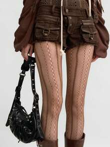 1 Pair Y2K Lace Hollow Out Pantyhose/Women's Ins Fashionable, Grunge Striped Fishnet Tights, Brown Transparent Grid Vertical Striped Thigh High Socks, Punk Rock Stockings Suitable For Party, Music Festival, Street Wear - Multicolor - View 15