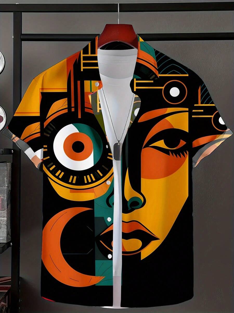 Abstract Geometric Face With Sun And Moon Motifs Symbolizing Balance Between Light And Darkness Short Sleeve 3D Print Casual Button Up Shirt For Men Stylish Summer Streetwear Top - trắng - Xem 1