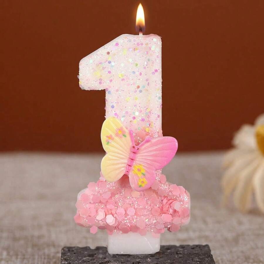 1pc Shiny Pink Butterfly Number Birthday Candle, Suitable For Anniversary, Graduation, Birthday Party, DIY Crafts, Back To School, Valentine's Day And Other Occasions - Birthday Candle Number - View 1
