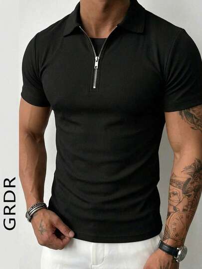  GRDR Men's Solid Color Short Sleeve Zipper Design Casual Versatile T-Shirt