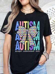 Autism Awareness T-Shirt With Colorful Ribbon And Puzzle Pattern, Message Of Acceptance, Understanding And Love For Autism Support And Pride - Black - View 2