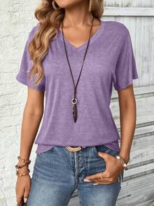2 buah Kaos V-Neck Polos, Kaos Lengan Pendek Kasual untuk Wanita, Musim Semi/Panas - MultiWarna - View 3
