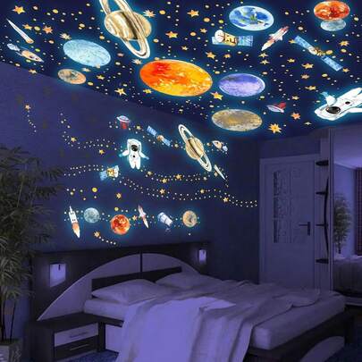 1 Set Glow-In-The-Dark Star, Planet, Mars And Space Wall Stickers Decor: Luminous Satellite, Earth, UFO, Solar System, Astronaut And Rocket Stickers, Suitable For Kids Room, Bedroom, Ceiling, Wall And Window - Self-Adhesive Removable DIY Decals