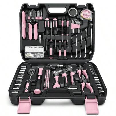 Home Tool Kit  - Protable Complete Basic Hand Repair General Tool Sets For Men Women - Tool Set With Socket Wrench Set & Screwdriver Set & Metric Hex Key & Pliers & Tool Box Case Pink