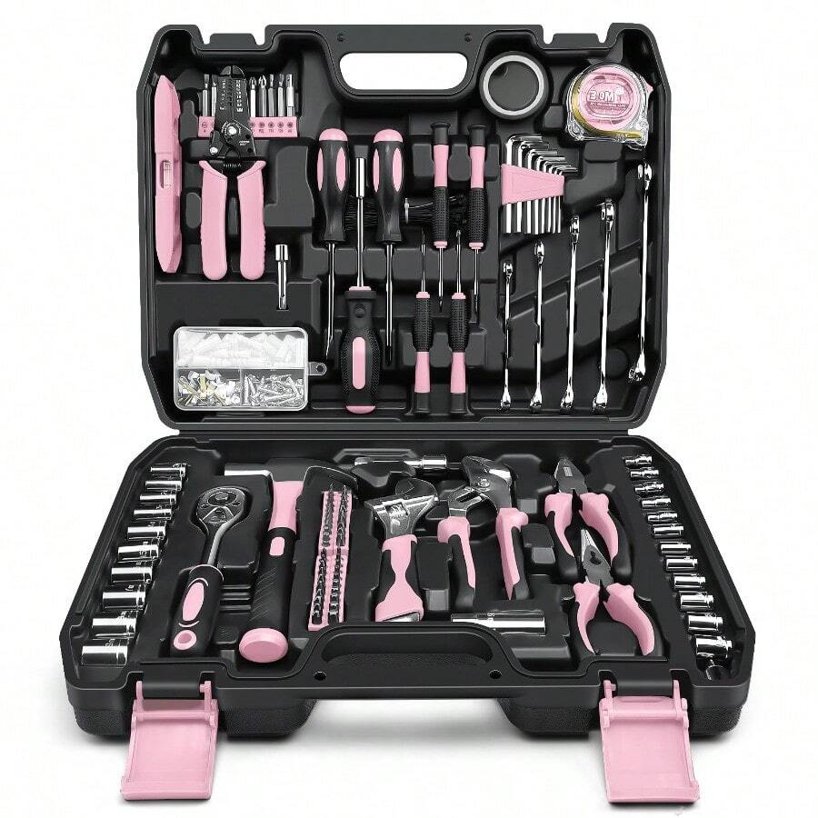 Home Tool Kit  - Protable Complete Basic Hand Repair General Tool Sets For Men Women - Tool Set With Socket Wrench Set & Screwdriver Set & Metric Hex Key & Pliers & Tool Box Case Pink - 281-pink - View 1