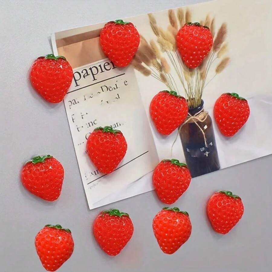 6个彩色草莓冰箱贴，可爱水果冰箱贴纸，3D树脂甜美装饰磁贴，适用于厨房和家居