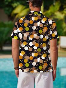 Abstract Circles In Orange Brown White And Green Create A Lively Modern Art Vibe Symbolizing Joyful Energy 3D Print Mens Casual Short Sleeve Shirt Summer Beachwear Button Down Top - 白色 - 查看 2