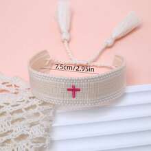 1pc Embroidered Cross Boho Handmade Woven Tassel Bracelet - Apricot - View 6