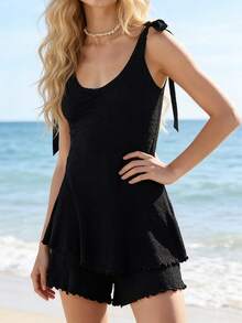 Conjuntos de verano para mujer: tops sin espalda con tirantes anudados y shorts elásticos con ribete de lechuga, ideales para salir de fiesta. - Negro - Ver 2
