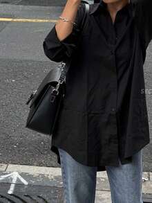 Women's Daily Commute Oversized Button Down Shirt 2026 Fall Spring Lapel Neck Long Sleeve Loose Fit Longline Shirt For Office Wear Layering Outing - Black - View 8