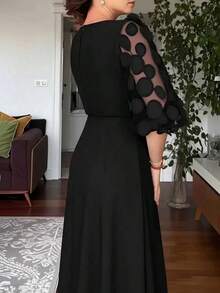 Elegant Women's Fitted Mid-Length Split Dress, Patchwork 3D Polka Dot Mesh 3/4 Sleeves, Accessorized With Metal Decor Belt, Tie Waist Black Spring - Black - View 3