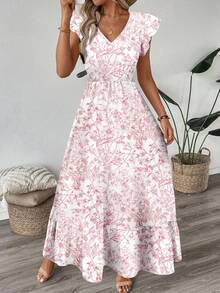 Đầm midi dáng chữ A cổ chữ V tay ngắn, thắt eo, họa tiết hoa mùa hè thanh lịch, thích hợp cho đi làm hàng ngày, công sở, đám cưới, dã ngoại, kỳ nghỉ, phong cách giản dị nhưng sang trọng khi đi biển. - Hồng - Xem 1