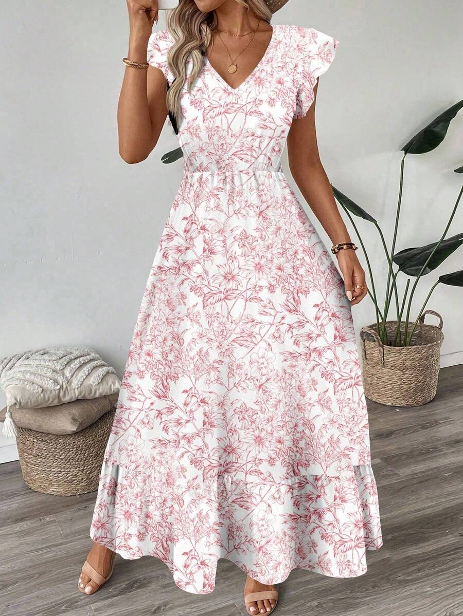 Đầm midi dáng chữ A cổ chữ V tay ngắn, thắt eo, họa tiết hoa mùa hè thanh lịch, thích hợp cho đi làm hàng ngày, công sở, đám cưới, dã ngoại, kỳ nghỉ, phong cách giản dị nhưng sang trọng khi đi biển. - Hồng - Xem 1