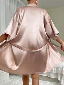 1pc Women's Solid Color Elegant Tie-Front Robe, Sexy Short Satin Silk Soft Sleepwear, Suitable For Brides, Bridesmaids, Home Wear. Wedding Season Short Dress, Letter Pattern, Kimono And Nightgown. - Dusty Pink - View 6