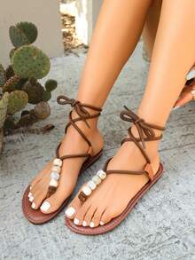 Women's 2026 Spring New Beaded Clip Toe Criss-Cross Strap Roman Sandals - Brown - View 1