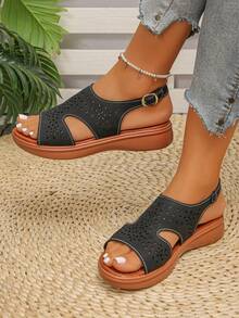Plus Size Women's Summer New Fashion Elegant Bow Gold Strap Peep Toe Thick Sole Sandals, Comfortable Versatile Daily Wear Sandals - Black Matte Carved Floral Openwork - View 4