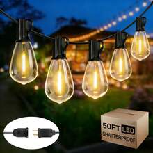S14 50/100ft Outdoor String Lights, 2700K Dimmable, S14 LED Patio Lights With 13/25 Edison Vintage Bulbs, Connectable Outdoor String Lights For Porch Backyard Bistro, Waterproof & Shatterproof - 美規A型插(110-127V) - 查看 2