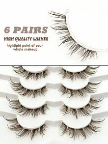 6 Pairs Wet Look Brown Lashes Clear Band Eyelashes Volume Reusable False Lashes Extensions Dramatic Look Curly Wispy Fake Lashes Makeup Tools - Brown - View 4