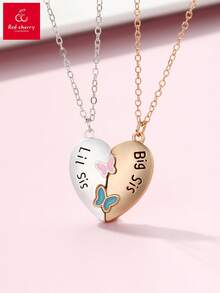 2pcs/Set Kids Cute "BIG SIS LIL SIS" Butterfly & Heart Zinc Alloy Matte Gold & Matte Silver Electroplated Magnetic Necklace Set, Suitable For Mother's Day, Sisters, Friendship Jewelry Gift - Multicolor - View 5