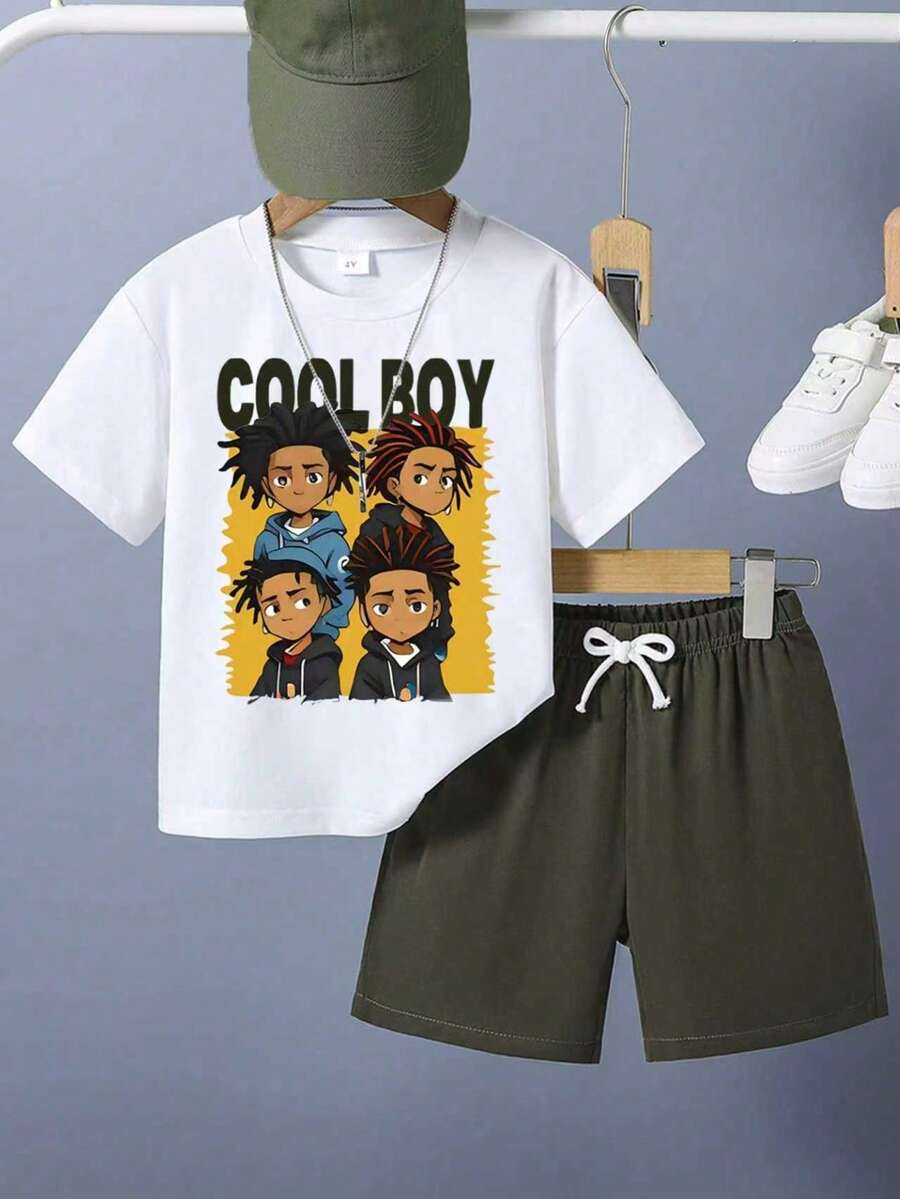 Young Boy Cartoon Printed Short Sleeve T-Shirt And Shorts Summer Outfit - Army Green - View 1