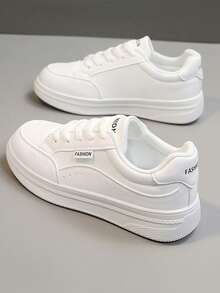 Nouvelles baskets blanches décontractées de printemps, semelle épaisse, plateforme, bout rond, légères, confortables, antidérapantes, durables, respirantes, mode polyvalente, style de rue court, chic sportif, chaussures vulcanisées pour femmes - Blanc - Voir 3