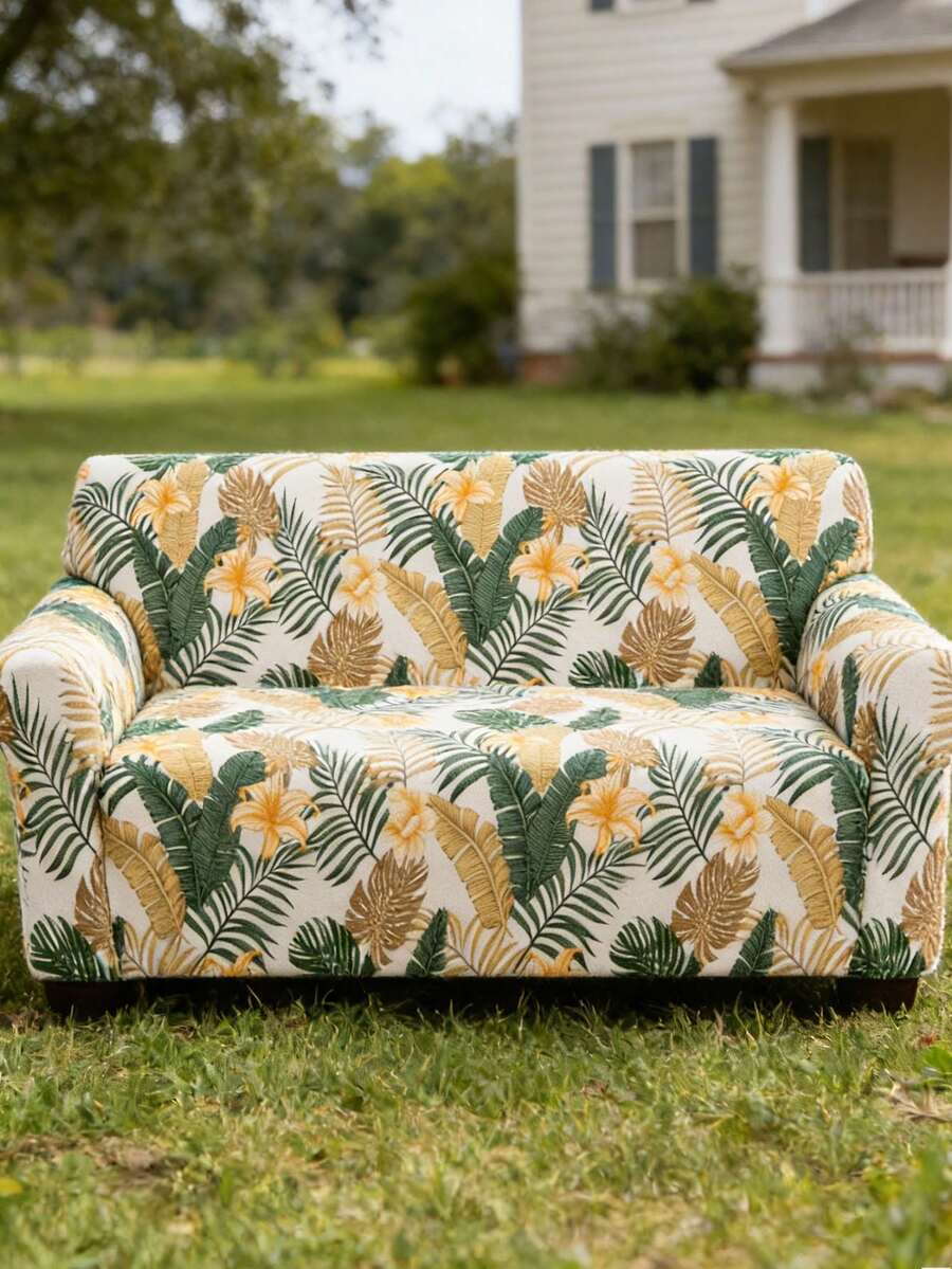 1pc Plant Pattern Printed Sofa Cover (Including 1pc Pillow Case), Dust-Proof, Dirt-Resistant, Elastic Full Coverage Sofa Protector, Living Room Home Decor, Fits 1/2/3/4 Seater Sofa, All Season, Machine Washable - Green - View 1
