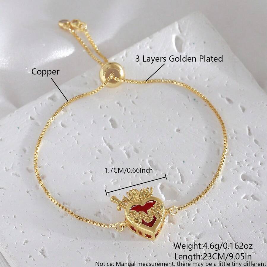 1件跨境极简主义18K镀金铜红锆石心形可调节手链，可定制 - 金色 - 查看 1