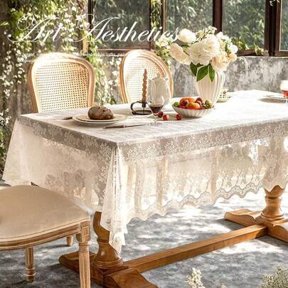 1 pieza Mantel de encaje francés de poliéster blanco, decoración romántica para el comedor y el dormitorio, agrega un encanto vintage, adecuado para el comedor, la cafetería, la fiesta de vacaciones, etc.