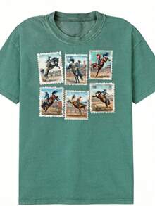 Vintage Washed Cotton Women's T-Shirt, Western Rodeo Cowboy Wild Horse Stamp Print Retro Casual Streetwear Top, Versatile Summer&Autumn Daily Wear Tee - 薄荷綠 - 查看 1