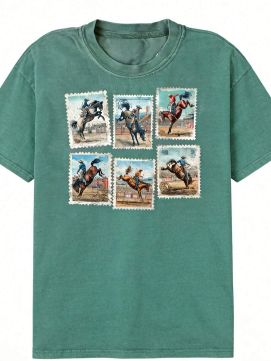Vintage Washed Cotton Women's T-Shirt, Western Rodeo Cowboy Wild Horse Stamp Print Retro Casual Streetwear Top, Versatile Summer&Autumn Daily Wear Tee - 薄荷綠 - 查看 1