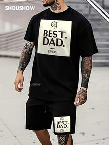 Men'S Casual T-Shirt And Shorts Set - "Best Dad Ever" Graphic, Black, Short Sleeve, Crew Neck, Regular Fit, Summer Wear, Casual Attire|Playful Graphic|Short Sleeve Shirt, T Shirt Set - 黑色 - 查看 6