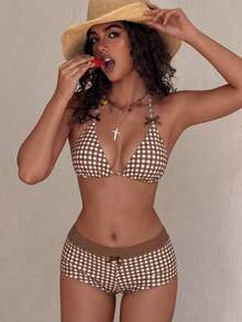 Sultry Sol Đồ bơi nữ; Gợi cảm & Thời trang; Bộ đồ bơi 2 mảnh màu hồng; Bãi biển mùa hè; Bộ bikini; Họa tiết kẻ caro; Trang trí nơ; Đồ bơi nữ gợi cảm, Đồ bơi thời trang phù hợp cho tiệc bể bơi, kỳ nghỉ; Đồ bơi nữ, Đồ bơi nữ, Kỳ nghỉ bikini - màu nâu - Xem 3
