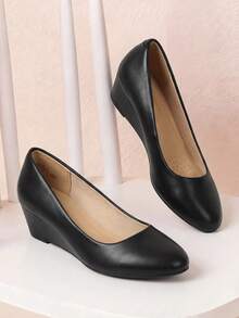 Women's Mid Wedge Heel Pumps Closed Toe Slip-On Elegant Comfortable Casual Shoes - 黑色 - 查看 8