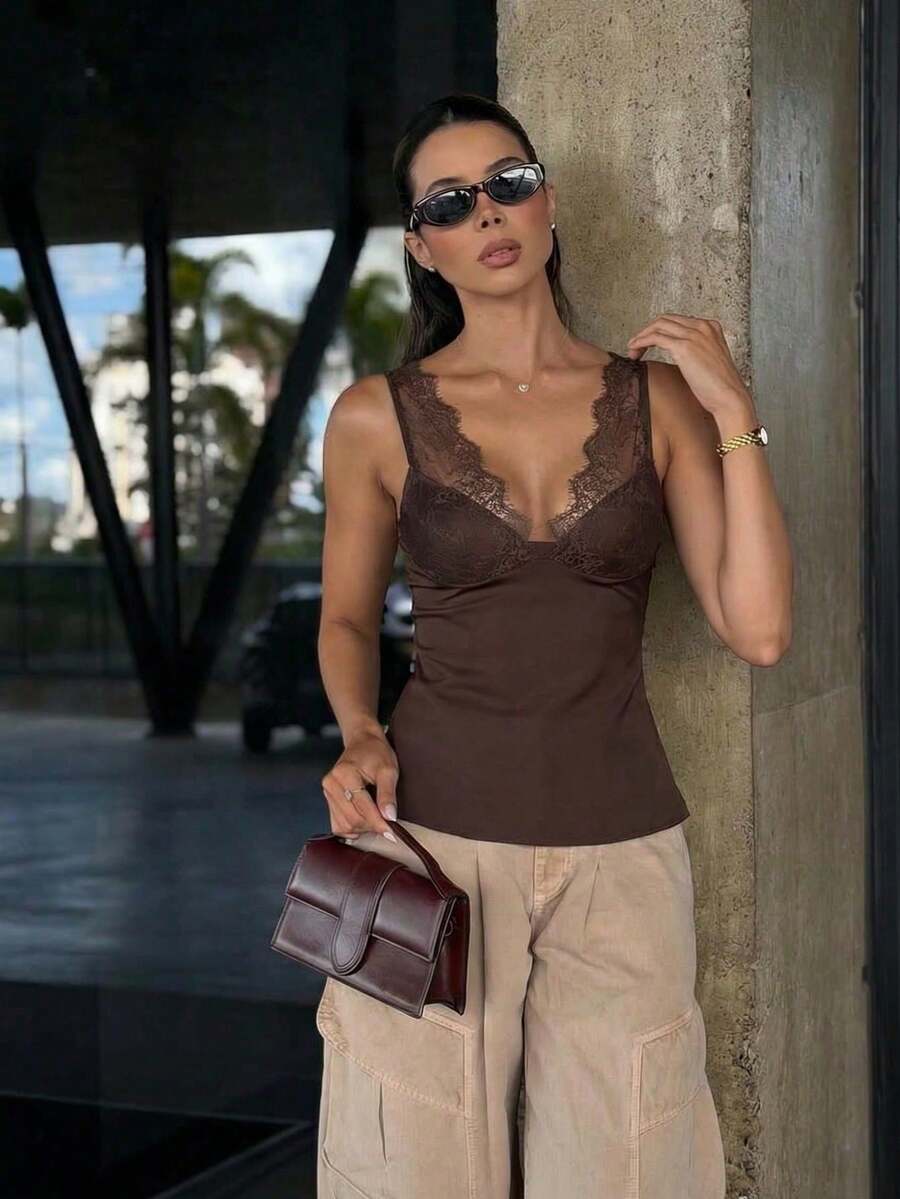 MUMRAP Blusa elegante de mujer de unicolor con aplicaciones de encaje, ajustada para el verano - Marrón - Ver 1