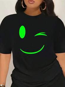 Plus Size, Women'S Neon Green Glow-In-The-Dark Happy Face T-Shirt - Short Sleeve Round Neck Casual Top With Glowing Print, Black & Lime Green, Hine Washable All-Season Party & Everyday Outfit, - màu đen - Xem 1