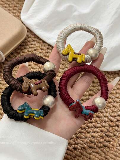 4pcs/Set Premium Women's Horse Tail Pattern Headbands, Cute Pearl Headbands For Year Of The Horse, Elastic Hair Ties, Lucky Hair Accessories For Ladies